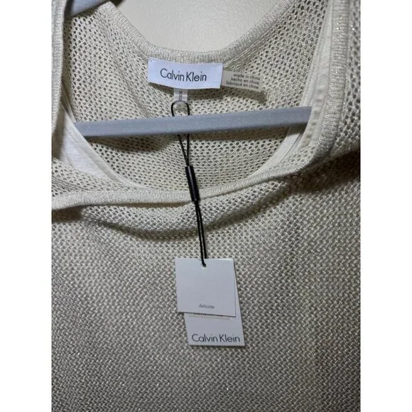 Calvin Klein Knit Top Women Beige Cold Shoulder Pullover size Medium NWT - Picture 2 of 7
